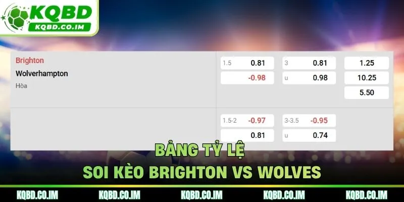 Bảng tỷ lệ soi kèo Brighton vs Wolves